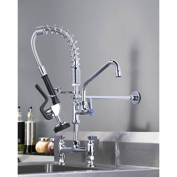 21 in. Commercial Triple Handle Pull Down Kitchen Faucet with Pre Rinse Sprayer in Chrome