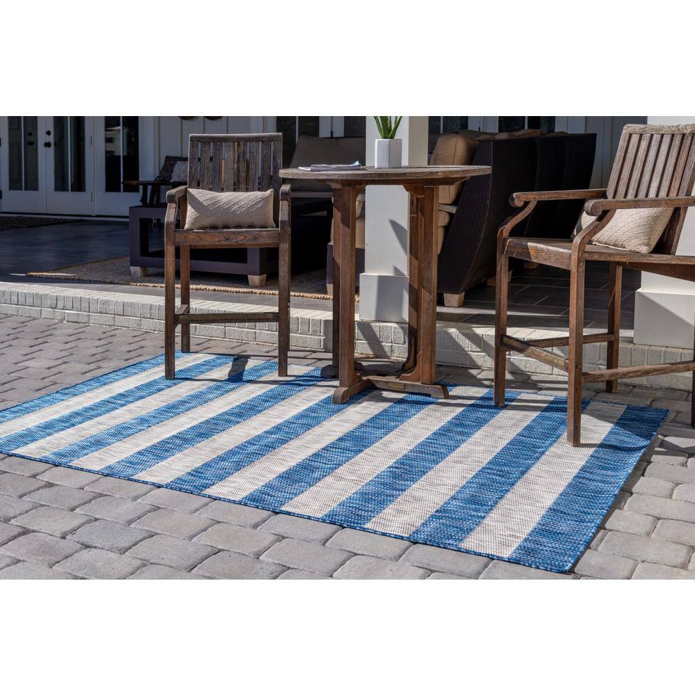 Blue and White Striped Outdoor Synthetic Rug, 9' x 12'