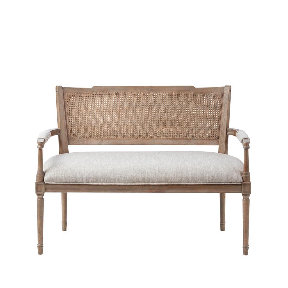 Beige Faux Leather Chesterfield Settee with Rattan Backrest