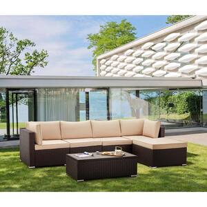6-Piece Wicker Patio Conversation Set with Coffee Table and Khaki Cushions
