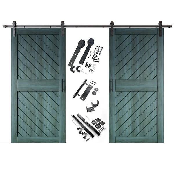 HOMACER XT2 36 in. x 84 in. C-Panel Royal Pine Slanted Stripe Design Double Pine Wood Sliding Barn Door with Hardware Kit