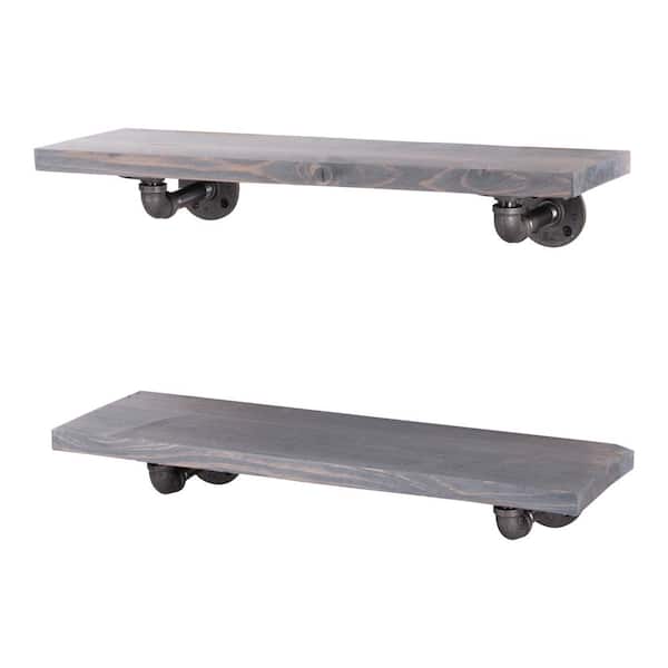 PIPE DECOR 24 in. x 7.5 in. x 6.75 in. Riverstone Grey Restore Wood Decorative Wall Shelf with Industrial Steel Pipe L- Brackets