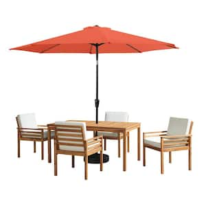 6-Piece Set, Okemo Wood Outdoor Dining Table Set with 4 Cushioned Chairs, 10 ft. Auto Tilt Umbrella Orange