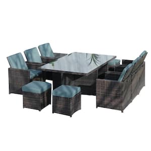 String Brown 11-Piece Wicker Rectangle Outdoor Dining Set with Light Green Cushions
