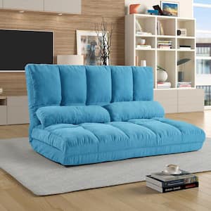 Blue Foldable Suede Fabric Armless Double Chaise Lounge with 5-Position Adjustable Backrest and 2-Pillows
