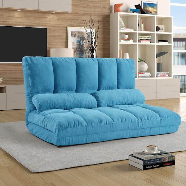 Harper & Bright Designs Blue Foldable Suede Fabric Armless Double Chaise Lounge with 5-Position Adjustable Backrest and 2-Pillows