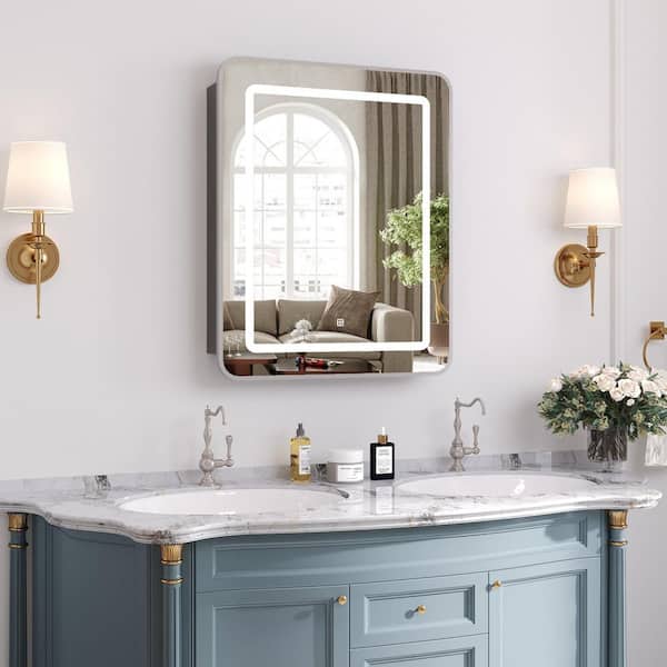 16 in. W x 24 in. H Bright Rectangular Silver Wall Mount LED Lighted Medicine Cabinet with Mirror