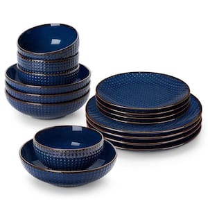 16-Piece Blue Stoneware Dinnerware Set Service for 4-Bowls and Plates Set Embossed Pattern Dinner Set