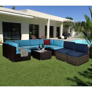 Brown 9-Piece Outdoor PE Rattan Wicker Outdoor Sectional Sofa Sets with Blue Cushions, Bonus Free 2-Armless Chair