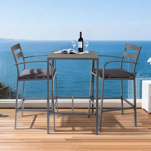 3-Piece Bar Set Gray Aluminum Frame Stool and Table with 2-Cushions