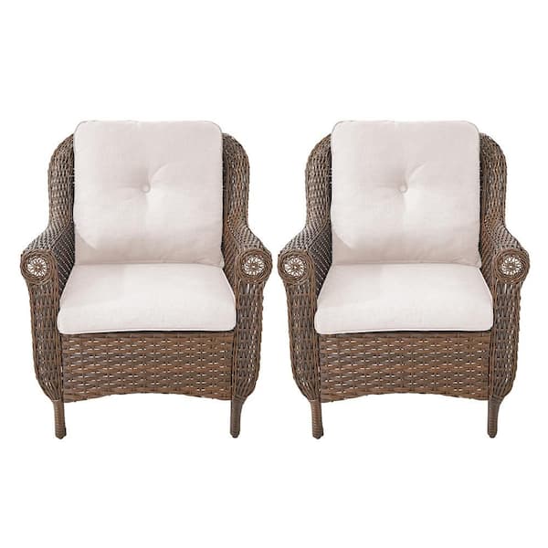 Chrysanthemum Armrest Series 2-Pack Outdoor Brown Wicker Outdoor Lounge Chair with CushionGuard Beige Cushions