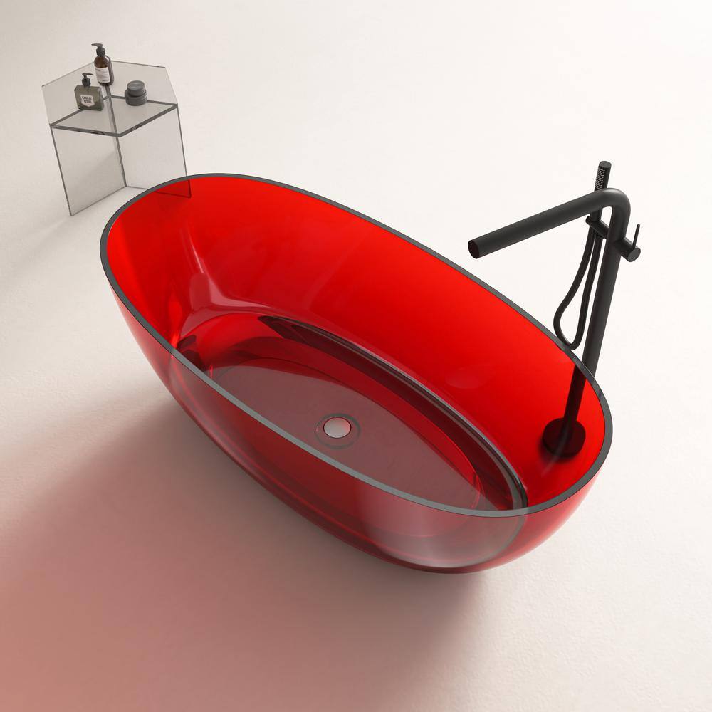 59" Pure Resin Red Freestanding Soaking Bathtub with Polished Chrome Drain