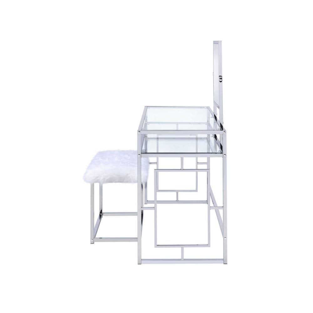 Carenze Chrome & White Faux Fur Vanity Set with Tilt Mirror