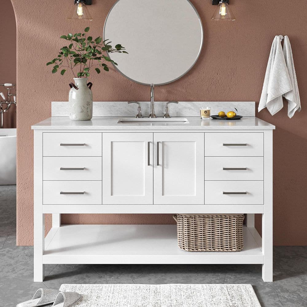 Magnolia 54 in. Single Sink Freestanding Bathroom Vanity in White with 0.75 in. Carrara White Marble Top price history on PriceWatchPro