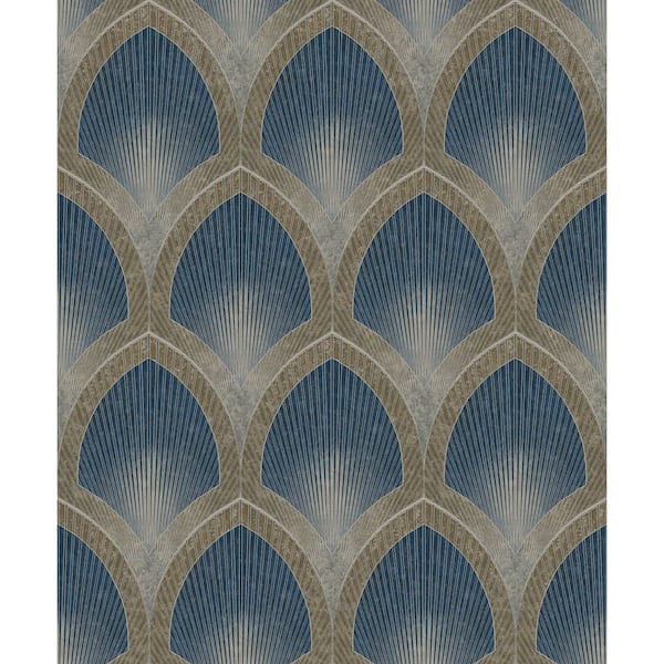 Unbranded Special FX 2 Collection Navy Nouveau Scallop Metallic Finish Vinyl on Non-Woven Non-Pasted Wallpaper Sample
