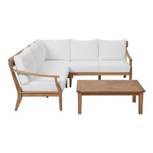 Woodford Eucalyptus Wood Outdoor Conversation Set with CushionGuard Bright White Cushions