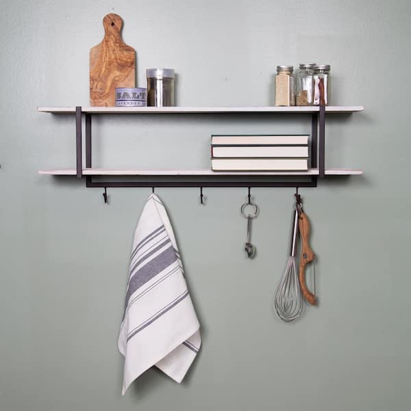 Danya B Two-Tier Ledge Shelf Wall Organizer with Five Hanging Hooks - White, Size: 16 inch x 29 inch