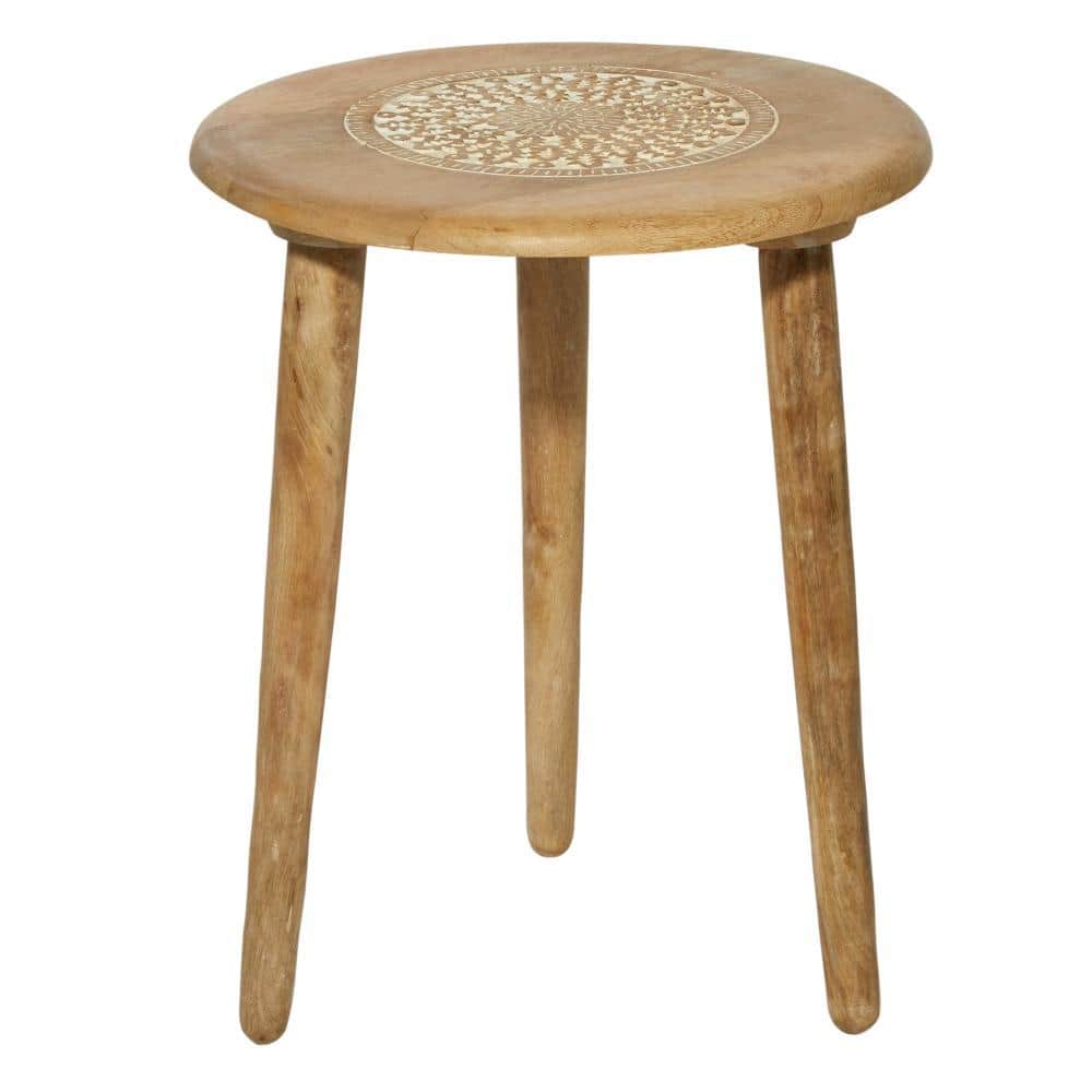 Intricately Carved Mango Wood Round Accent Table - Brown, 22"x17"
