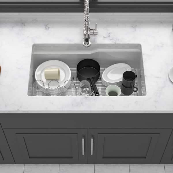 32 in. Undermount Single Bowl White Ceramic Kitchen Sink with Workstation
