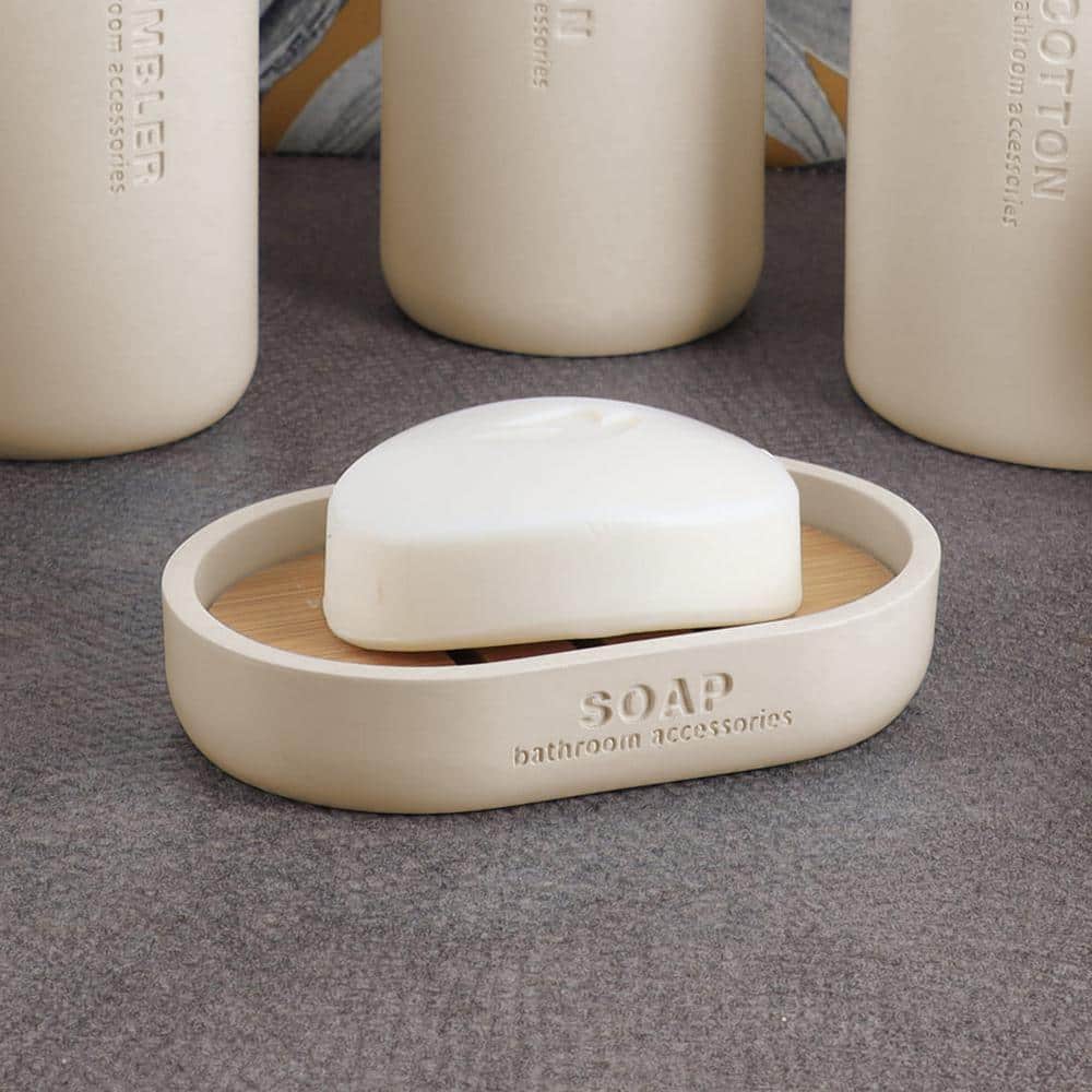 Beige Polyresin Soap Dish with Natural Bamboo Base