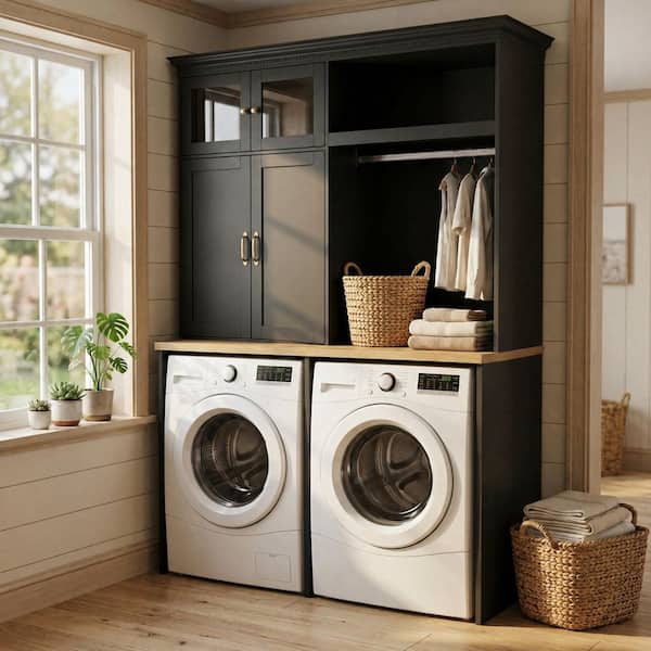 Black 86.6 in. H Accent Cabinet Office Storage Cabinet with 4 Shelves and Hanging Rod