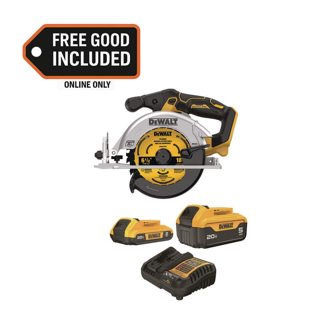 DEWALT 20V MAX Lithium-Ion Cordless Brushless 6-1/2 in. Sidewinder Style Circular Saw with 20V 5 Ah & 2 Ah Batteries & Charger DCS565BWB225-2C - The Home Depot