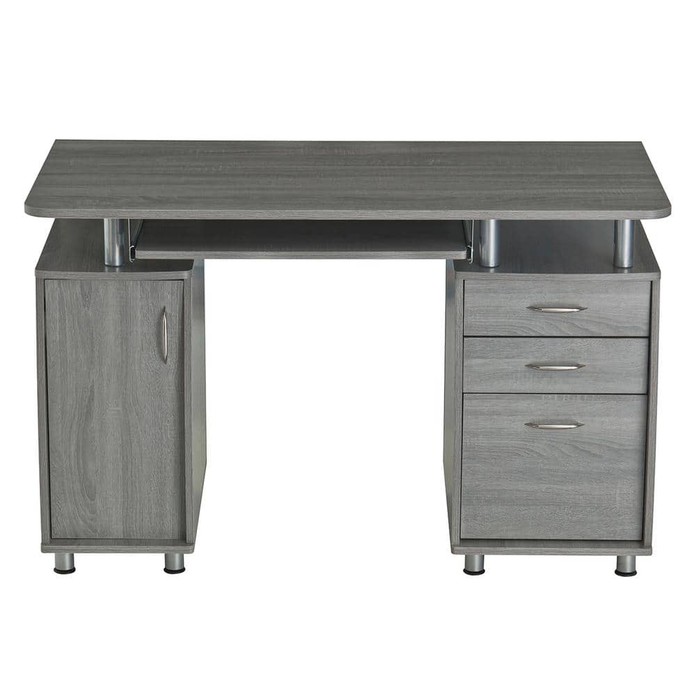 Gray Rectangular Workstation Desk with Storage and Keyboard Tray