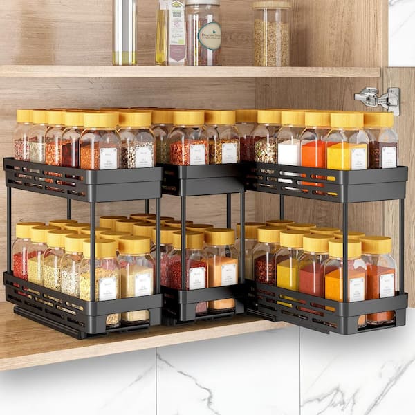 3 Pack Pull Out Spice Rack Organizer for Cabinet, 2 Tier Slide Out Spice Racks Organizer, Black
