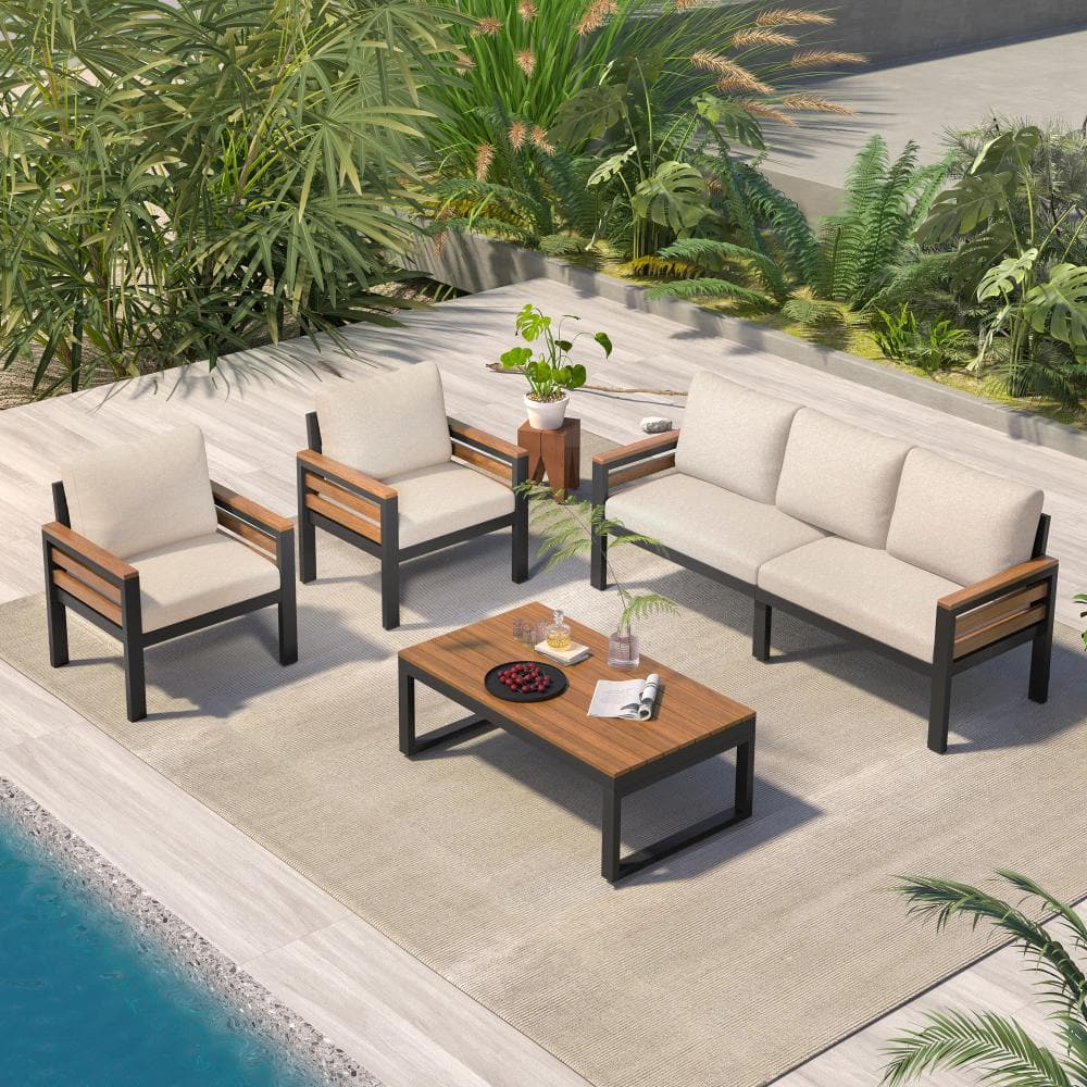 4-Piece Metal and Wood Patio Conversation Set with Beige Cushions price history on PriceWatchPro