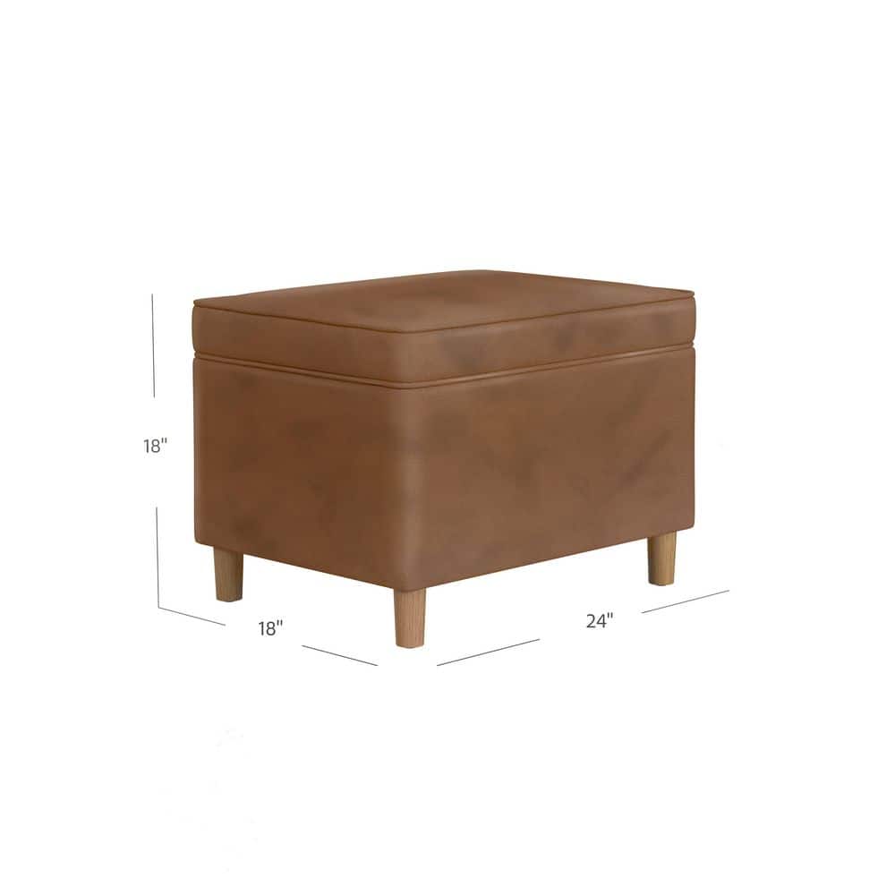 24" Dark Brown Faux Leather Storage Ottoman with Honey Oak Legs