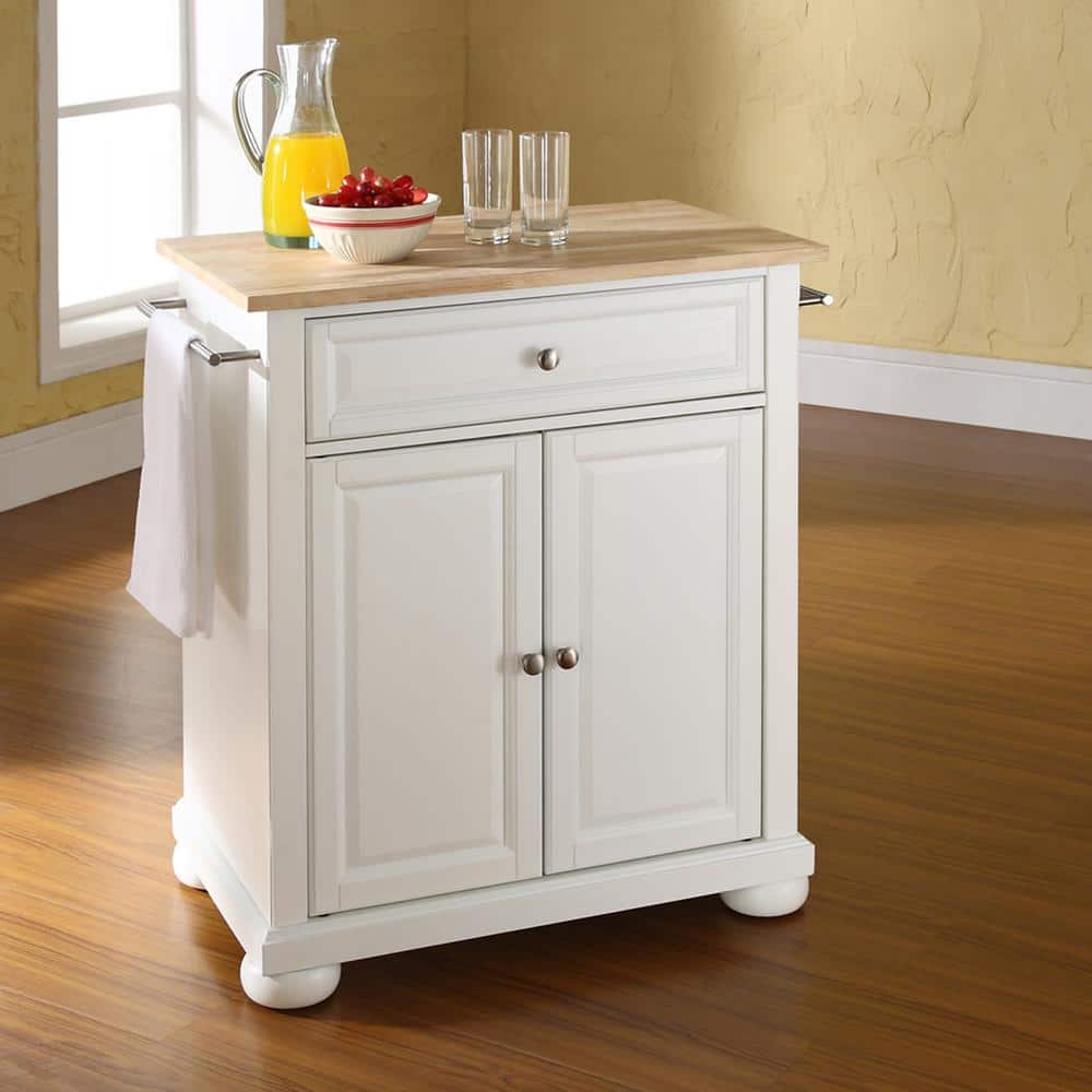 White and Natural Wood Kitchen Island Cart with Turned Legs