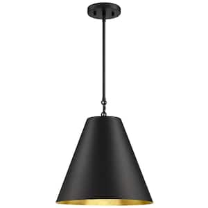 1-Light Matte Black Modern Metal Pendant Light with Gold Interior