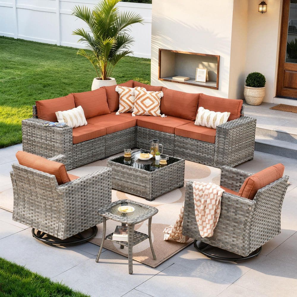 Claret 9-Piece All-Weather Wicker Outdoor Patio Sectional Furniture Set with Swivel Chairs and Brick Red Cushions price history on PriceWatchPro