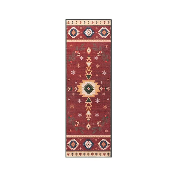 Washable Christmas Vintage Boho Tribal Snowflake Non Slip 2 ft. x 6 ft. Red Entryway Kitchen Runner Area Rug