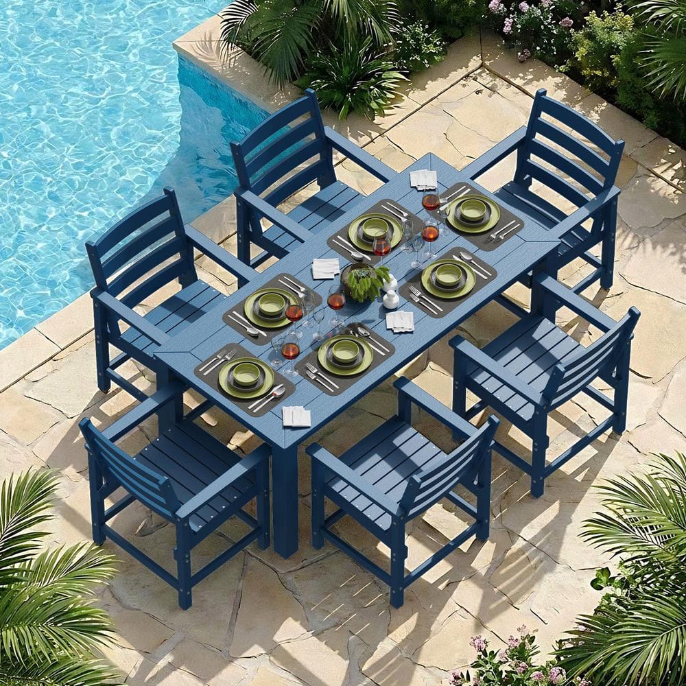 "Blue 7-Piece HDPE Plastic Patio Outdoor Dining Set 6 Armchairs And 69"" Table With 2"" Umbrella Hole" price history on PriceWatchPro