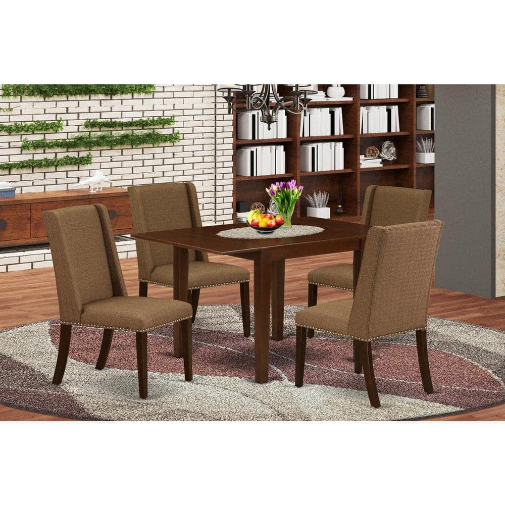 5-Piece Mahogany Finish Solid Wood Top - Rectangular Dining Room Set with Dropleaf - Seats 4