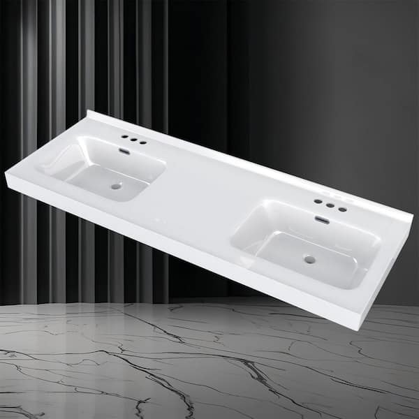 NTQ 61 in. W x 22 in. D Solid Surface Resin White Vanity Top Rectangular Double Sink Bathroom Vanity Top in White