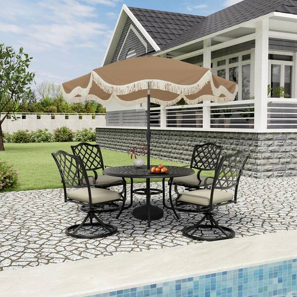 Mondawe Tassel Market Patio Umbrella with Full Fiberglass Rib amd  Umbrella Base in Tan MO01QDLS9TN3B