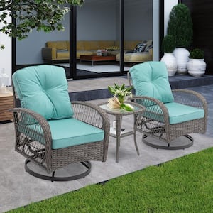 Chic Courtyard Gray 3-Piece Wicker Outdoor Bistro Set with Lake Blue Cushions, 360° Rocking Chair, Tempered Glass Table
