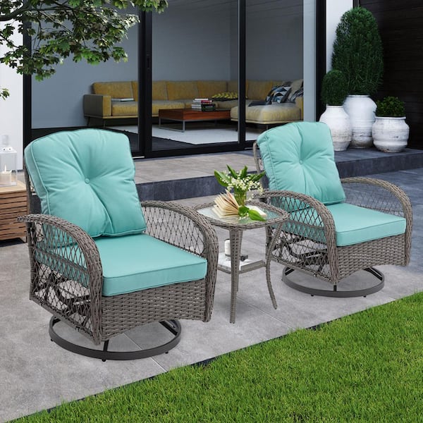 Nivencai Chic Courtyard Gray 3-Piece Wicker Outdoor Bistro Set with Lake Blue Cushions, 360° Rocking Chair, Tempered Glass Table