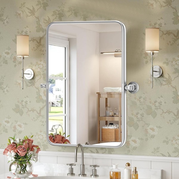 20 in. W x 30.2 in. H Modern Rectangular Silver Metal Frame Pivot Wall Mirror/Bathroom Mirror (Screws Included)