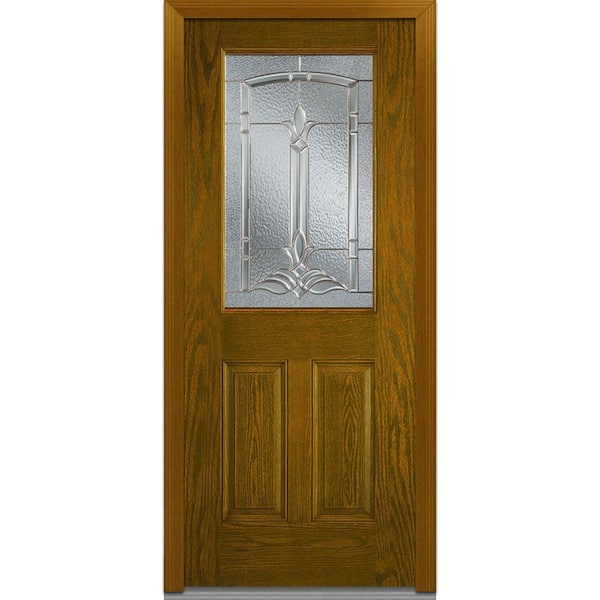 MMI Door 36 in. x 80 in. Bristol Left-Hand Inswing 1/2-Lite Decorative 2-Panel Stained Fiberglass Oak Prehung Front Door