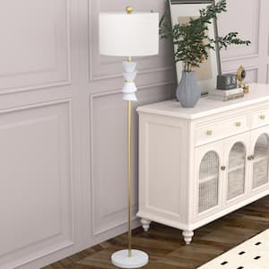 Chicago 68 in. Gold White Marble Modern Art Deco 1-Light Standard Floor Lamp with White Linen Shade