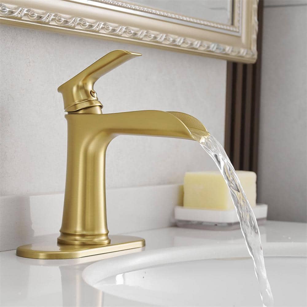 Brushed Gold Brass Waterfall Bathroom Faucet with Pop-Up Drain