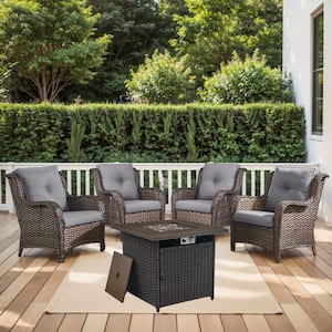 5-Piece Brown Wicker Fire Pit Conversation Set with Olefin Gray Cushions and Curved Arm Lounge Chairs