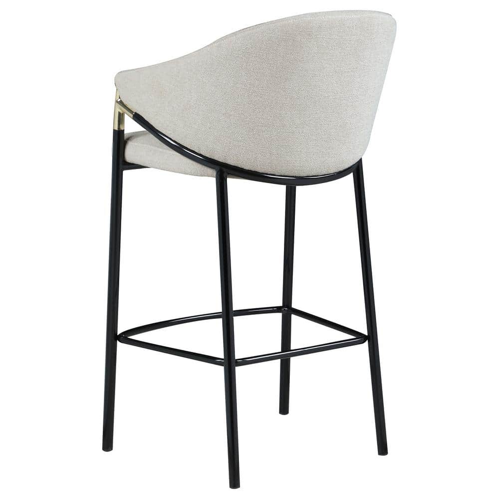 Beige Fabric and Black Metal Bar Height Stools with Sloped Arms