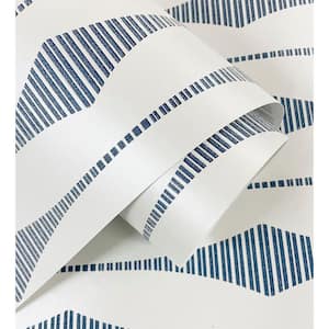 Celestial Blue and Pearl Glass Beaded Diamond Stripe Paper Unpasted Nonwoven Wallpaper Roll 57.5 sq. ft.