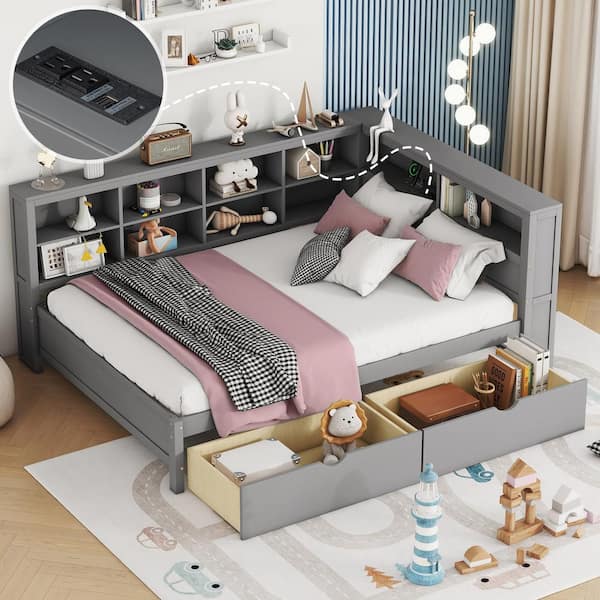 Gray Wood Frame Full Size Daybed with 2-Spacious Drawers, Storage Shelf, USB Ports and Sockets