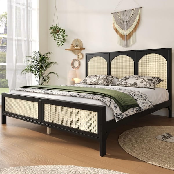 Black Wood Frame Queen Platform Bed with Rattan Headboard and Footboard