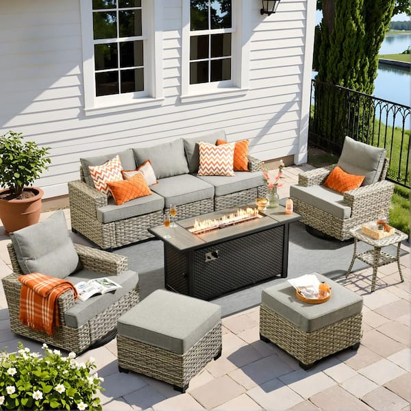 HOOOWOOO Kelleys 9-Piece Wicker Outdoor Patio Fire Pit Conversation Sofa Furniture Set with Swivel Chairs and Dark Grey Cushions
